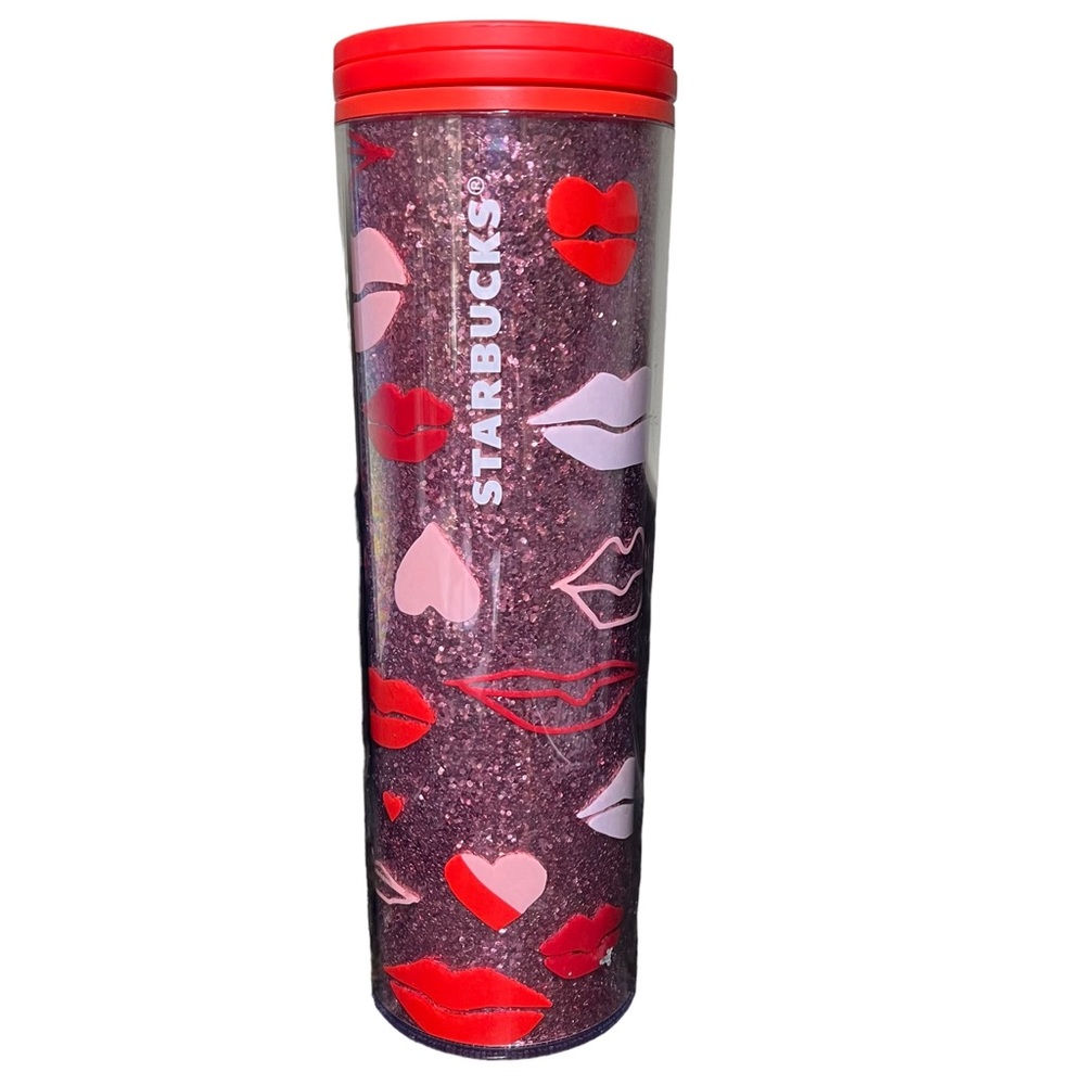 Starbucks 2021 Valentine's Day Glitter Pink Hearts and Lips Travel Tumbler